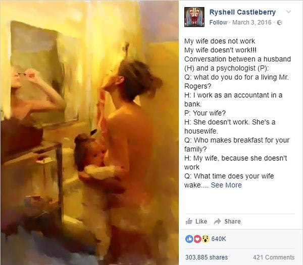 Ryshell Castleberry'in kendi Facebook hesabı üzerinden yaptığı bu uzun paylaşım bir erkek eş ve psikolog arasında geçen hayali bir sohbet olarak yazılmış.