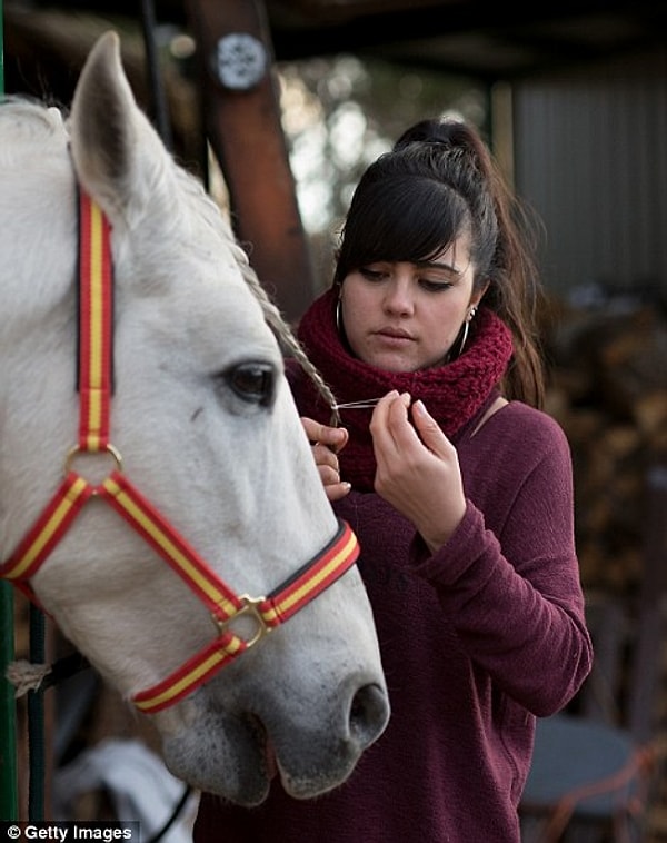 13. Девушка заплетает гриву коней в косы перед проведением фестиваля. Так делают для того, чтобы грива коня не опалилась