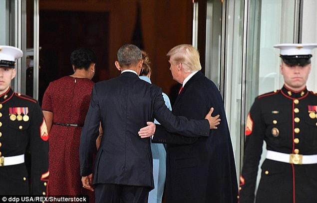'Trump is at ease when he is greeting Obama. His face is relaxed and open,' said Wood. 'This is an indication of respect, and shows that he has no desire to dominate.'