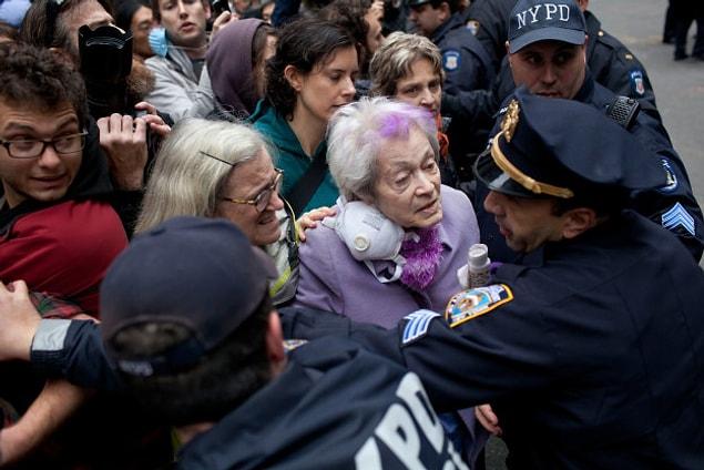 At 87 years old she participated in a 2011 Occupy Wall Street protest — decked out from head to toe in her favorite color — carrying a sign that read “I am 87 and mad as hell!”