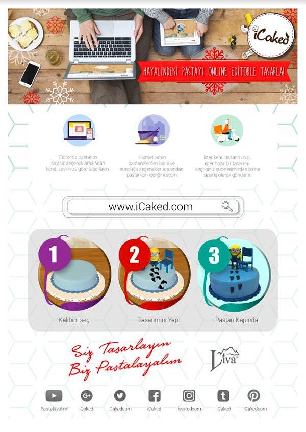 iCaked'in sitesine girerek, pasta boyutunu, rengini, kullanılacak objeleri, pasta üzerindeki resim ve yazıları istediğiniz gibi seçebiliyorsunuz.