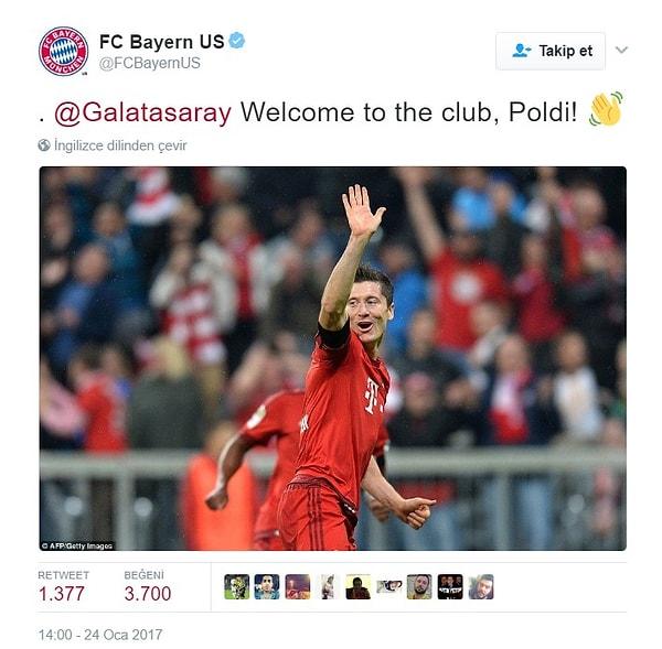 Bayern Münih, 9 dakikada 5 gol atan Lewandowski'nin fotoğrafını kullanarak Podolski'ye selam çaktı.