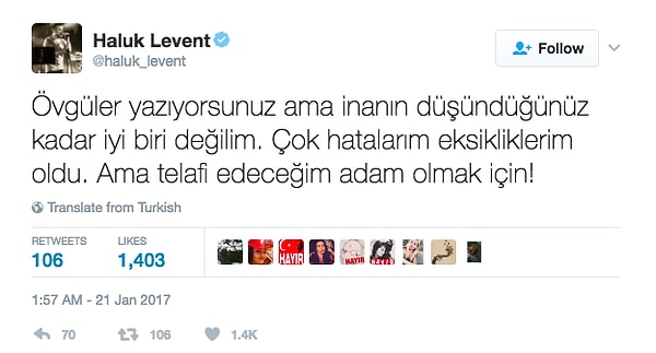 Levent yazının altına şu tweeti ekledi.