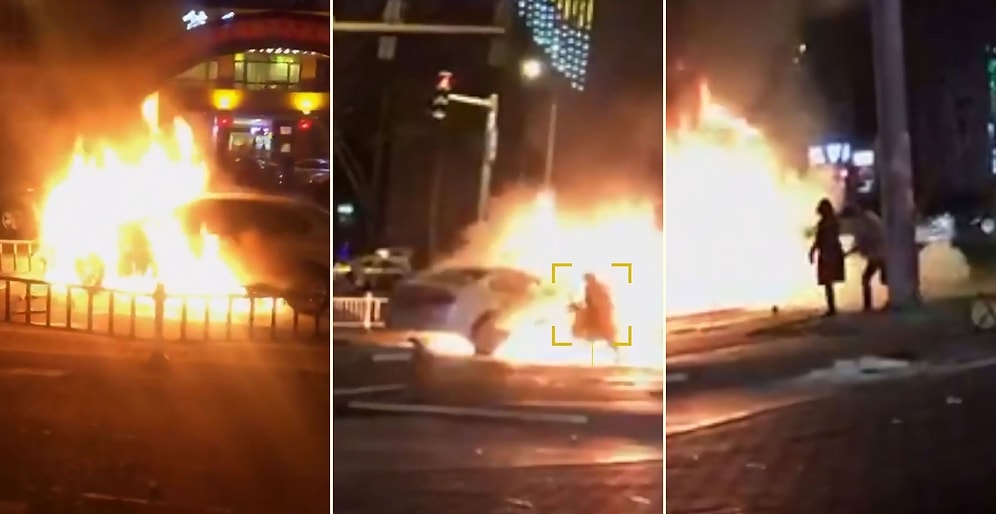 Çantasını Almak İçin Alevler İçindeki Aracına Girmeye Çalışan Kadın