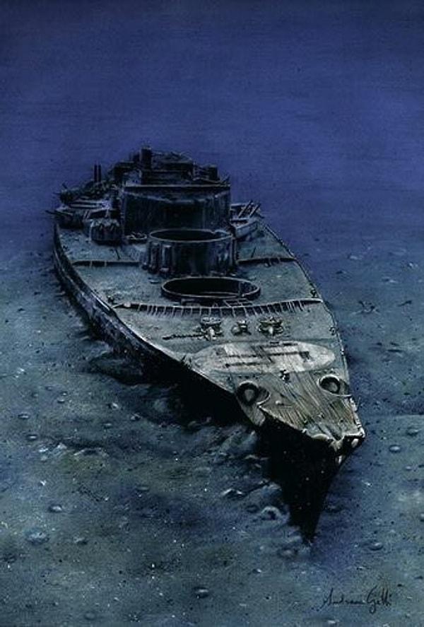 4. "27 Mayıs 1941'te Kuzey Atlantik'te batırılan devasa Alman savaş gemisi "Bismarck"ın enkazı."