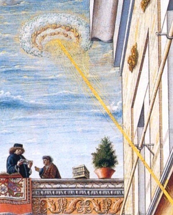 But art specialists say that the cloud in the sky is a group of angels. The halo and the light symbolize the holy ghost approaching Mary.