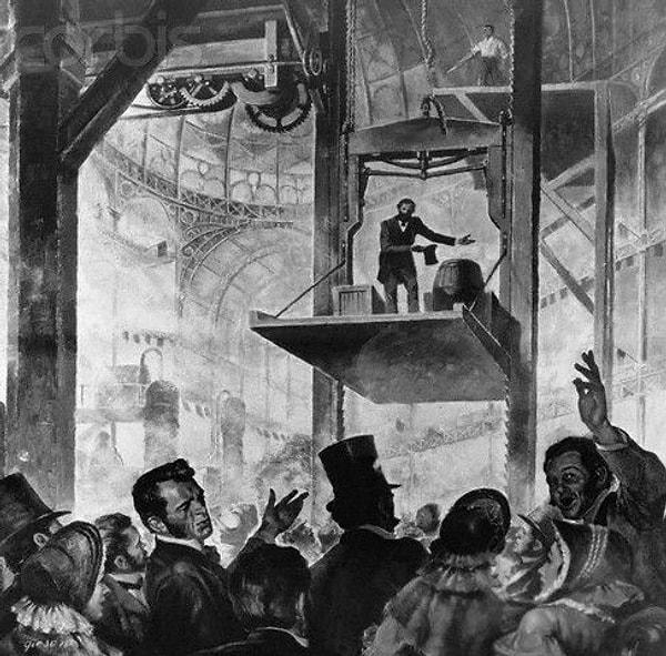 10. Asansörün mucidi Elisha Otis'in 1853 yılında New York'ta tanıttığı ilk asansör & günümüzdeki asansörler