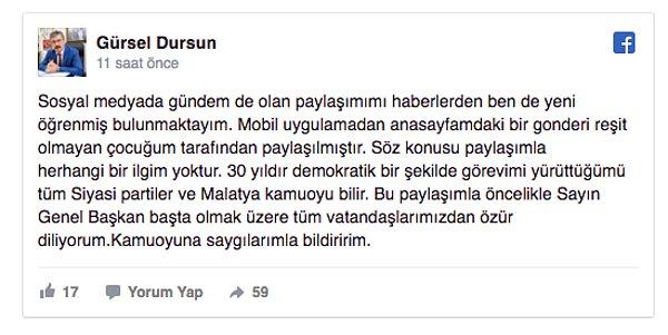 Gelen tepkiler üzerine Facebook hesabından bir açıklama yapan Gürsel Dursun, söz konusu paylaşımı reşit olmayan çocuğunun yaptığını söyledi 👇