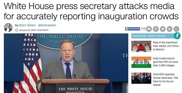 1. Beyaz Saray sözcüsü, Başkanlık devir teslim törenindeki insan sayısını doğru biçimde servis ettikleri için basını suçladı.