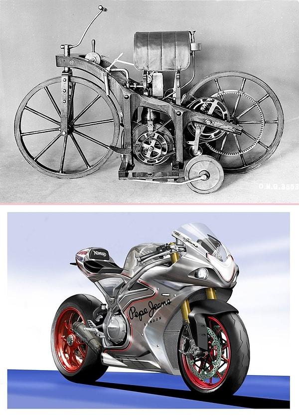 11. 1885 yılından bir motosiklet & günümüz teknolojisiyle üretilmiş motosiklet