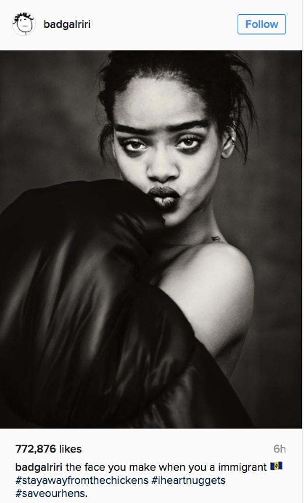 Rihanna da Azealia'nin tavuk keserken ki tavrını sevmiş olacak ki "tavuklardanuzakdurun, nuggetlarıseviyorum, horozlarımızıkoruyun" etiketleriyle süslediği bu görselle cevap verdi.