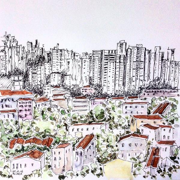 7. "Oturma odamızın manzarası böyle. Kanepeye tırmandıktan sonra gördüğün görüntü bu. Sao Paulo böyle bir şehir, modern yüksek binalarla kırmızı çatılı eski evlerin bir kombinasyonu"