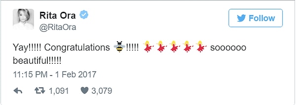 5. Рита Ора: "Даа!!! Поздравляяяяю! Таааааак Прекрасно!!!!"