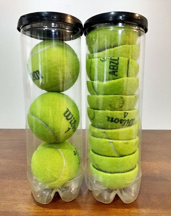 5. Tenis toplarını ikiye bölerek, taşıma kabında yerden tasarruf edin.