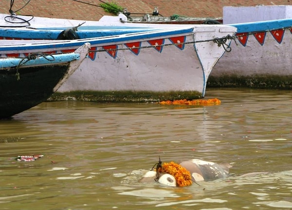8. Иногда купленной древесины не всегда достаточно для кремации, и тогда полуобгоревшие останки тела сбрасывают в реку. Вполне обычное явление увидеть обугленные останки тел умерших, плывущих в реке.
