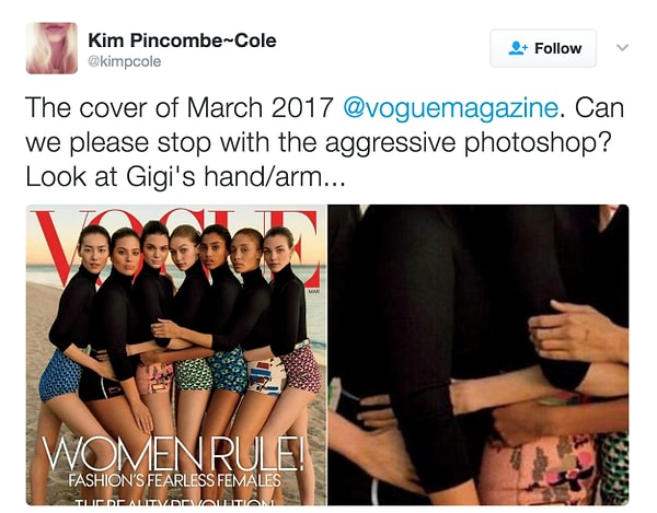 "Обложка журнала Vogue за март 2017 года. Может хватит уже в такой аргессивной манере использовать фотошоп? Вы только посмотрите на руку Джиджи..."