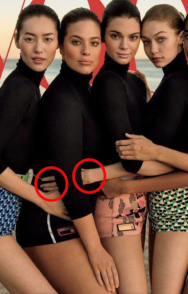 То есть, Эшли просто обвела руку вокруг талии, и от этого кажется, что рука Джиджи выглядит такой длинной.