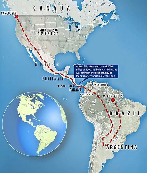 4. Канадец прошел пешком через 10 стран без паспорта и практически без вещей. Он рассказал, что выжил, собирая фрукты и ягоды, перебирая мусор в поисках еды и одежды и полагаясь на щедрость незнакомцев. Вот его маршрут: