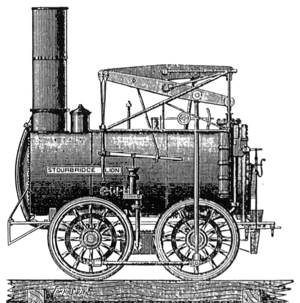14. Поезд в 1827 году и Hyperloop, достигающий скорости 1200 км/час (быстрее, чем пассажирские самолеты), который уже и просто поездом не назовёшь