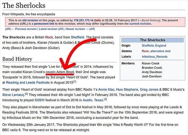 Hatta Adam Boyd bu Vikipedi sayfasını düzenlerken "The Sherlocks"un çıkış parçasında kendisinin etkisi olduğunu yazarak biraz abartmış...