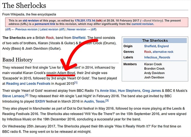 Hatta Adam Boyd bu Vikipedi sayfasını düzenlerken "The Sherlocks"un çıkış parçasında kendisinin etkisi olduğunu yazarak biraz abartmış...