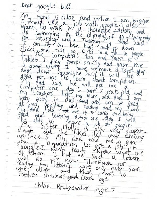 Chloe 'Sevgili Google'ın Patronu' diye başlayarak kendi el yazısıyla bir mektup yazdı...