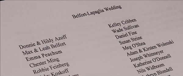 20. Во время сцены, в которой Джордана Белфорта допрашивают агенты ФБР, он передает одному из них список гостей, присутствовавших на его свадьбе. Этот список содержит имена настоящих членов съемочной группы.