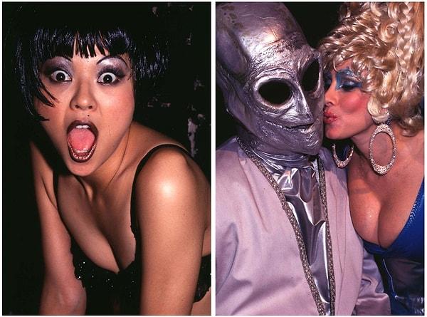 2. Solda: Japon şarkıcı Nokko, 1993 yılında Club USA'de konser verirken. Sağda: Rhonda Shear maskeli bir parti katılımcısını 1995 yılında Film Studio'da öptüğünde.