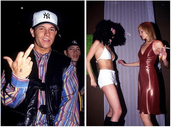 11. Solda: Mark Wahlberg Club USA'de kameralara orta parmak gösterirken, 1993. Sağda: Amber Valletta ve bir arkadaşı Palladium'da doğum gününde dans ederken, 1995.