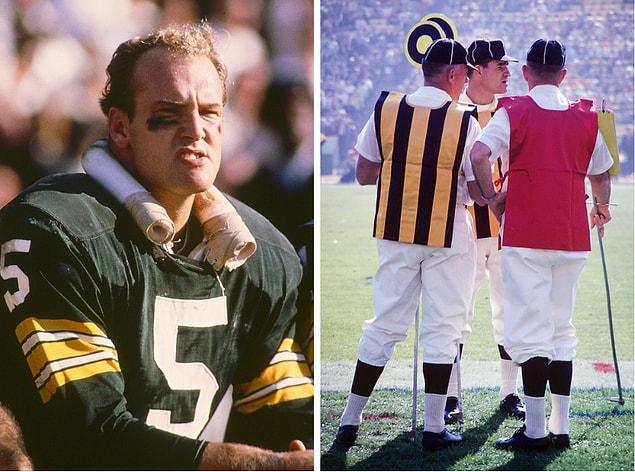 12. Green Bay Packers Hall of Fame halfback Paul Hornung (left), who missed the game due to injury, watches from the sideline of the Super Bowl. A group of officials (right) confer on the sideline of the game.