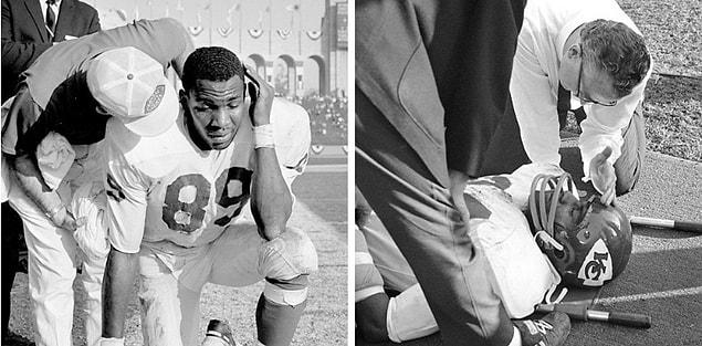 15. Otis Taylor (left) of the Kansas City Chiefs gets some comforting words from the assistant coach on the sideline. Defensive halfback Fred Williamson (right) is placed on a stretcher after being injured. Williamson, known as “The Hammer,” had to be carried from the field.