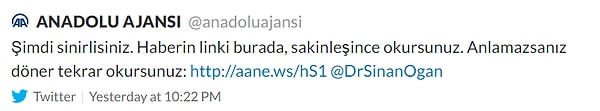 Anadolu Ajansı'ndan ise Oğan'ın yaptığı paylaşımlara karşılık 'Şimdi sinirlisiniz, sakinleşince okursunuz' ifadeleriyle geldi