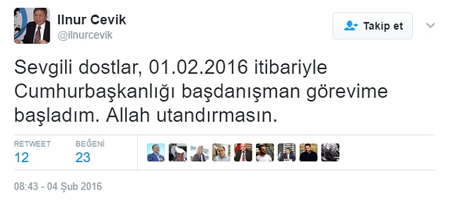 İlnur Çevik, geçen yılın şubat ayında Cumhurbaşkanı Recep Tayyip Erdoğan'ın Başdanışmanı olarak atanmıştı.