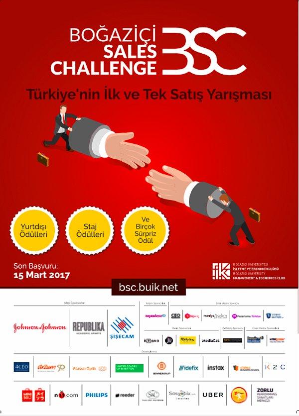 Türkiye’nin en köklü kulübü olan Boğaziçi Üniversitesi İşletme ve Ekonomi Kulübü’nün Satış Pazarlama alt kurulu imzalı etkinlik; aynı zamanda yarışmanın katılımcılarına 18-19 Mart tarihlerinde sertifikalı satış eğitimi Boğaziçi Sales Challenge Akademi fırsatı da sunuyor.