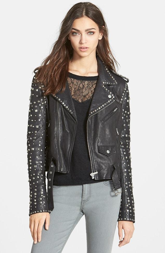 Clothes with studs and leather.