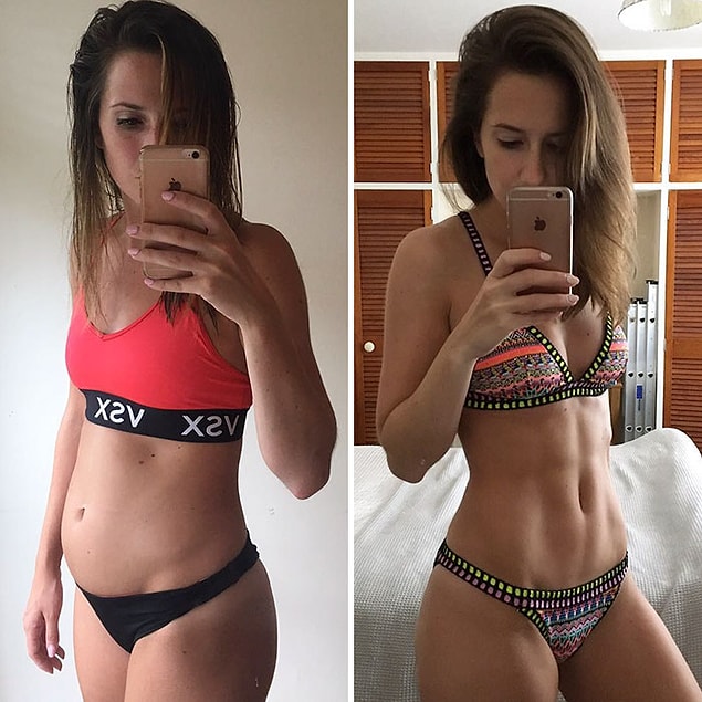 12. Standing normally, not pushing her stomach out vs. flexing.