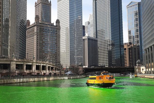 19. A water taxi navigates the Chicago River shortly after it was dyed green in celebration of St. Patrick’s Day on March 11 in Chicago. Dyeing the river has been a St. Patrick’s Day tradition in the city since 1962.