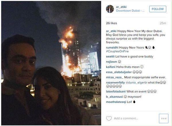 6. "Insensitive couple take a selfie displaying the burning hotel" this was how they made the news. Probably the most inappropriate selfie ever.