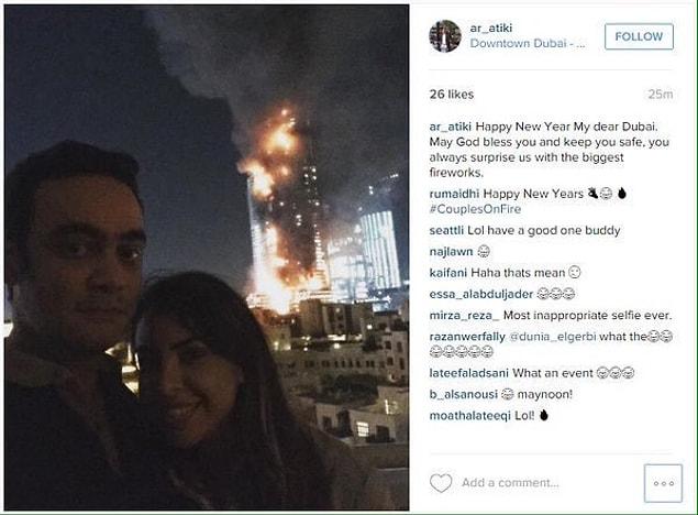 6. "Insensitive couple take a selfie displaying the burning hotel" this was how they made the news. Probably the most inappropriate selfie ever.