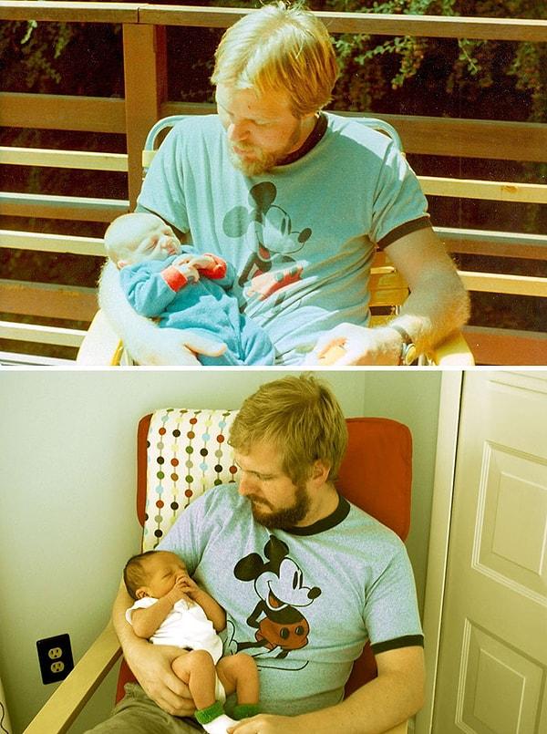 8. İlk fotoğraf: 29 yaşındaki baba ve 2 haftalık oğlu. İkinci fotoğraf: O iki haftalık çocuğun 29 yaşındaki hali ve onun 2 haftalık çocuğu.