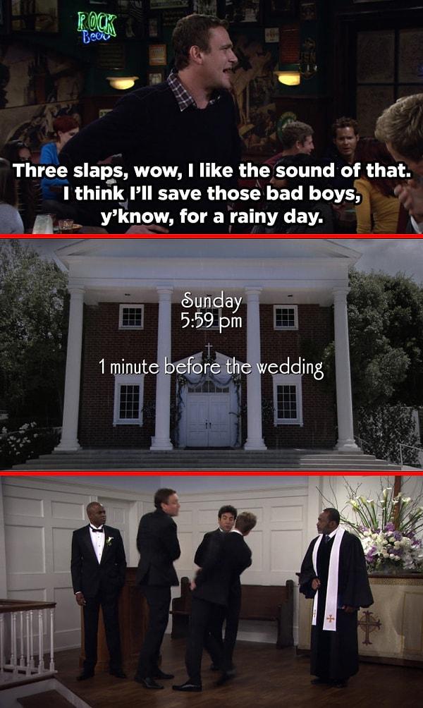 9. "Disaster Averted" adlı bölümde Marshall Barney'e atacağı son tokadı yağmurlu bir güne sakladığını söylüyor. Barney'e son tokadı attığı bölümde, "End of the Aisle", yağmur yağıyor.