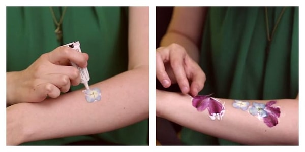10. Нанесите клей для ресниц на тот участок тела, где вы хотите сделать татуировку (лучше наносить клей сначала для одного цветка, потом для другого и т.д., чтобы клей не успел высохнуть), и приклейте цветки