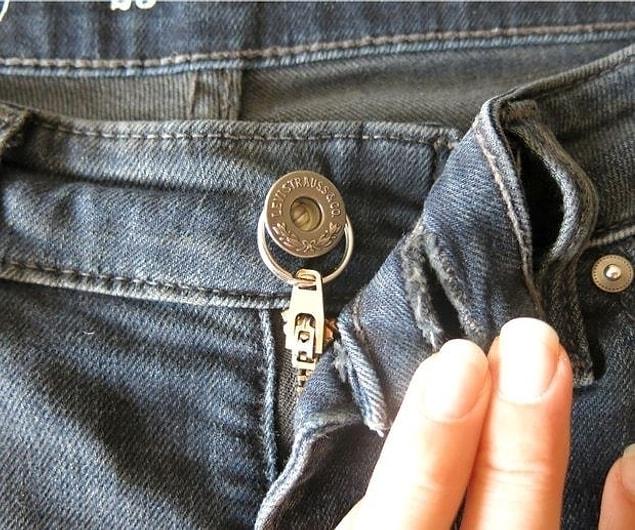 17. Stop your jean zippers from running away by looping a keychain ring around the zipper and top button.