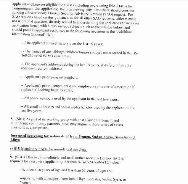 Bakan Tillerson imzasını taşıyan 15 Mart tarihli belgede, "ülkenin terör tehdidine karşı korunması için yabancı girişlerinin daha sıkı güvenlik tedbirleriyle kontrol altına alınması" amacına vurgu yapıldı.