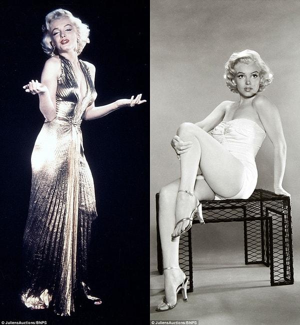 Soldaki fotoğrafta muhteşem bir altın sarısı elbiseyle poz veren Monroe, sağdaki fotoğrafta fildişi mayosu ve altın rengi topuklularıyla yine görenleri kendine aşık ediyor.