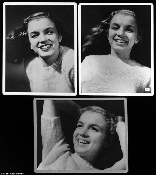 The earliest photographs are headshots of a smiling Monroe in a cardigan in 1946 when she was still known as Norma Jean Baker.