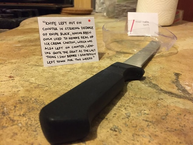 9. "Knife Left Out On Counter In Striking Distance Of Knife Block, Having Been Only Used To Remove Seal Of Ice Cream Carton, Which Was Also Left On Counter, Leaving Quite The Sight As The Last Thing I Saw Before I Gratefully Left Town For Two Weeks;" Mixed-Media, 2017