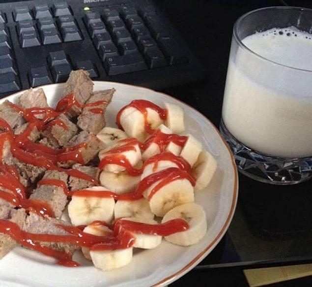 11. Here's some chopped up steak with bananas and ketchup.