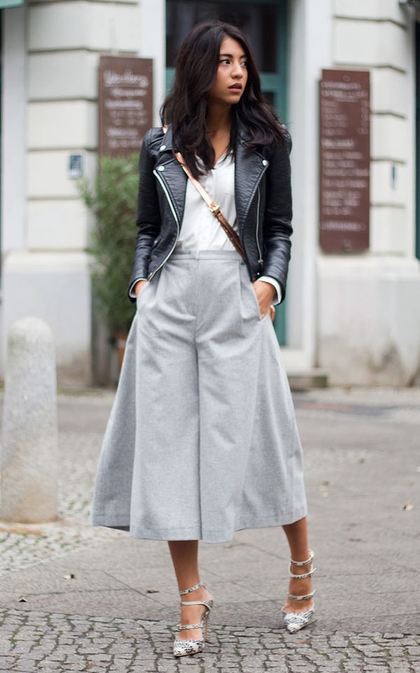 7. Кюлоты + кожаная косуха = крутой образ.