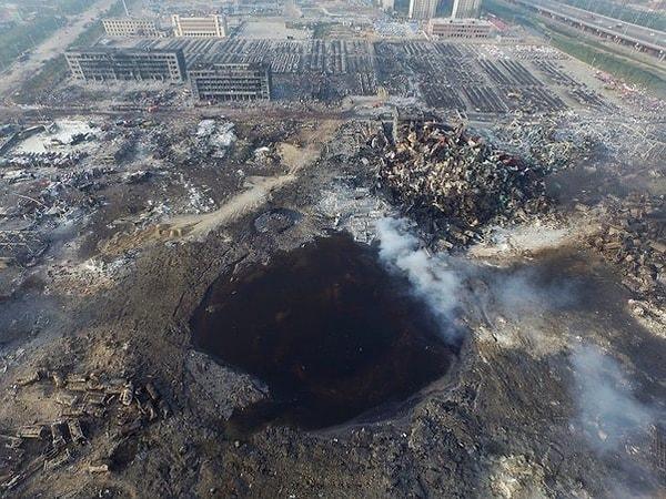 12. 2015'te Çin'in Tianjin bölgesinde gerçekleşen patlama sonrası bölgenin görüntüsü.